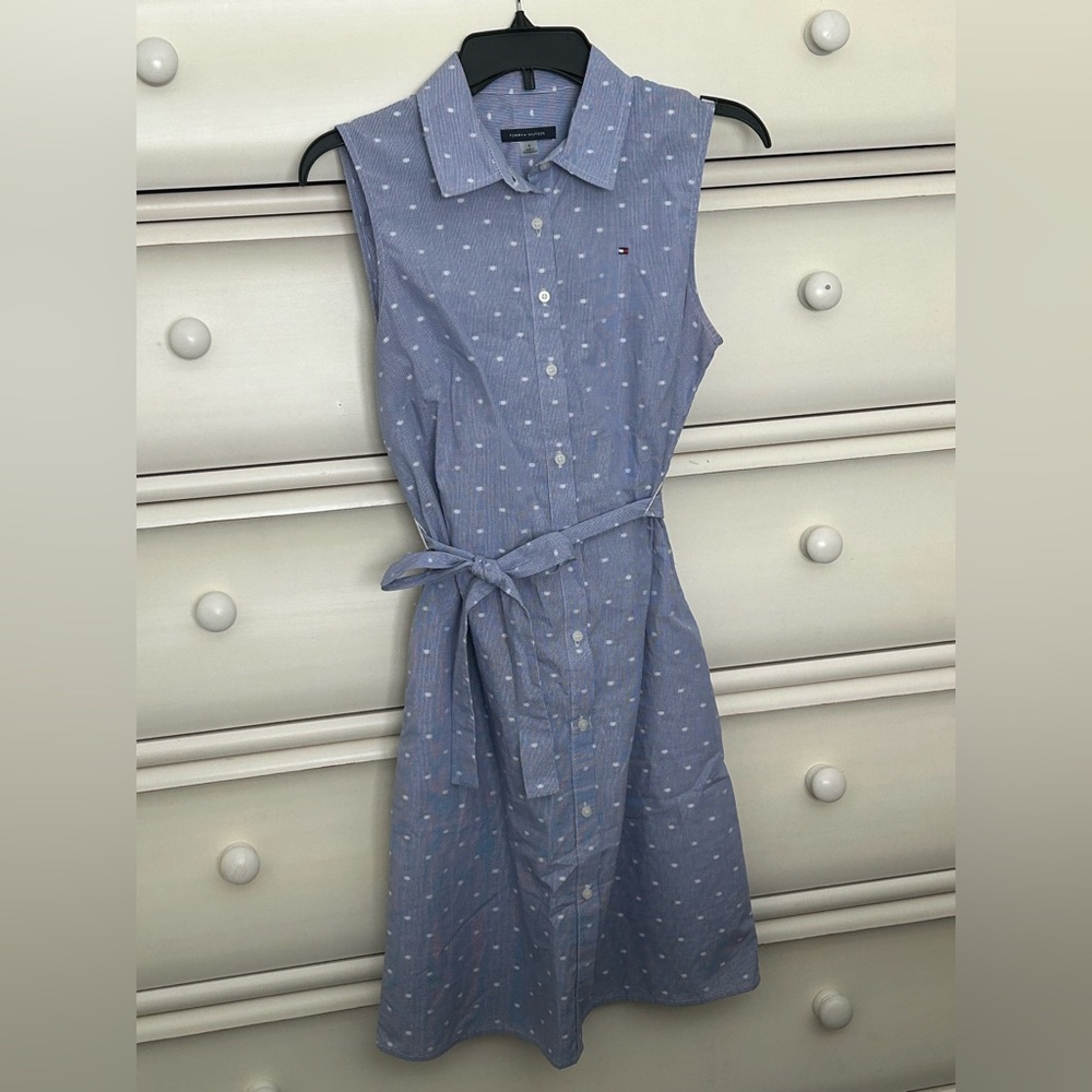 Tommy Hilfiger Light Blue Sleeveless Polka Dot Shirt Dress